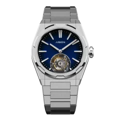 Men's silver Aisiondesign Watches with steel Tourbillon Hexagonal Pyramid Seamless Dial - Blue 41MM