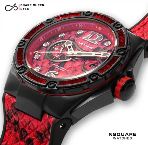Zwart herenhorloge van Nsquare met leren riem SnakeQueen Red 46MM Automatic