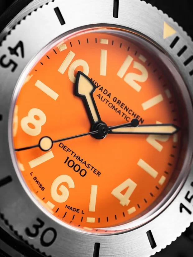 Men's silver Nivada Grenchen watch with leather strap Orange Depthmaster 14127A17 39MM Automatic