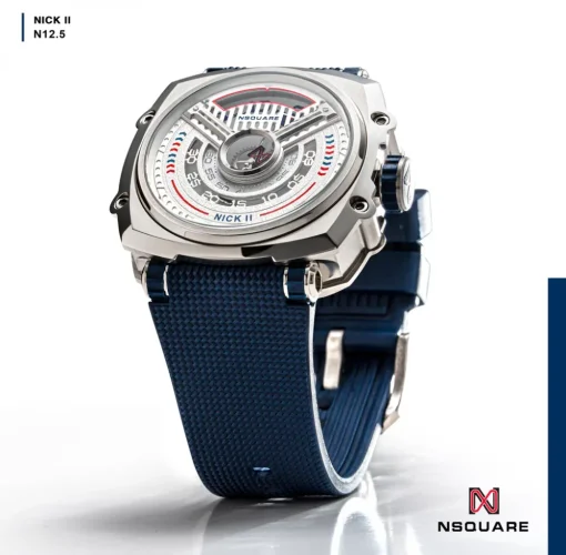 Srebrny zegarek męski Nsquare ze gumowym paskiem NSQUARE NICK II Silver / Blue 45MM Automatic