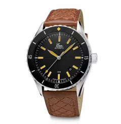 Stříbrné pánské hodinky Eza s koženým páskem Sealander Black - 41MM Automatic