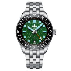 Montre Phoibos Watches pour homme en argent avec bracelet en acier GMT Wave Master 200M - PY049A Green Automatic 40MM