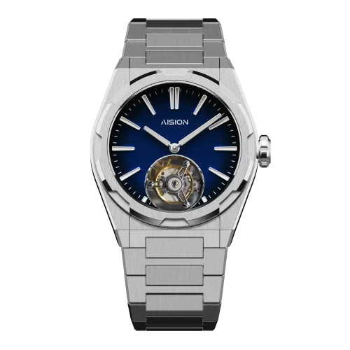 Reloj Aisiondesign Watches plata con correa de acero Tourbillon Hexagonal Pyramid Seamless Dial - Blue 41MM