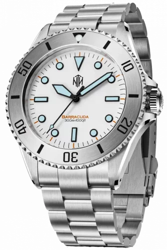 Ασημένιο ρολόι NTH Watches για άντρες με ιμάντα από χάλυβα Barracuda No Date - Polar White Automatic 40MM