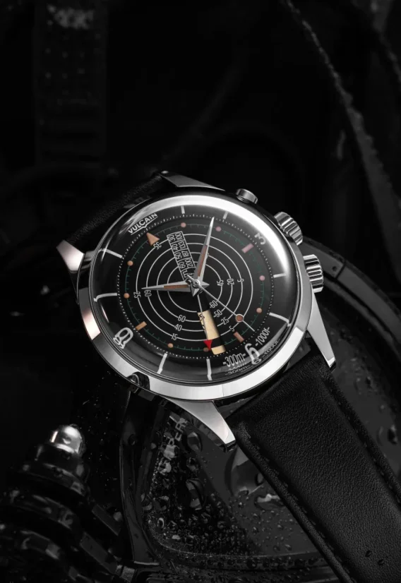 Men's silver Vulcain watch with leather strap Nautical Heritage Black Beige Patina Steel Triple Caseback - Black Plain 42MM Automatic