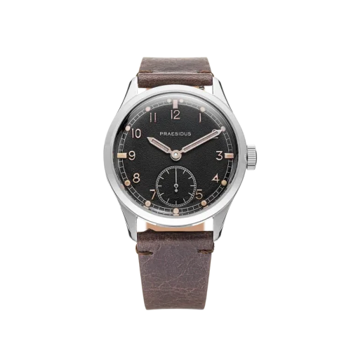Męski srebrny zegarek Praesidus ze skórzanym paskiem DD-45 Patina Brown 38MM Automatic