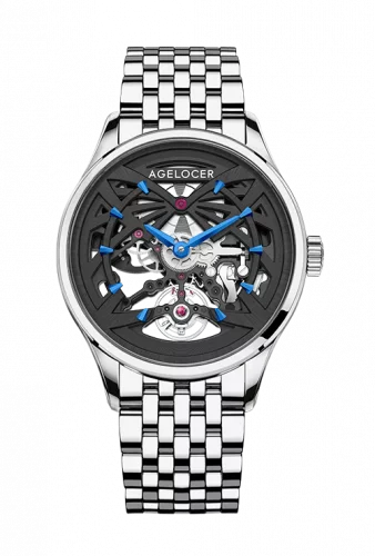Męski srebrny zegarek Agelocer Watches z paskiem stalowym Schwarzwald II Series Silver 41MM Automatic
