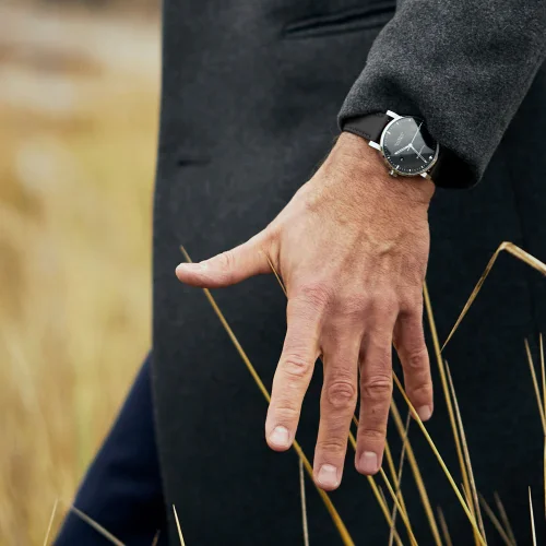 Męski srebrny zegarek Henryarcher Watches ze skórzanym paskiem Sekvens - Dunkel 40MM Automatic
