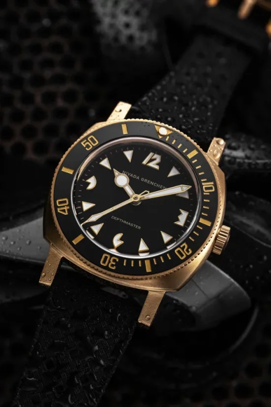 Men's gold Nivada Grenchen watch with leather strap Depthmaster Bronze 14123A16 Black Leather 39MM Automatic