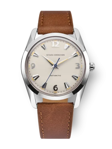 Relógio Nivada Grenchen prata para homens com pulseira de couro Antarctic 35001M16 35MM