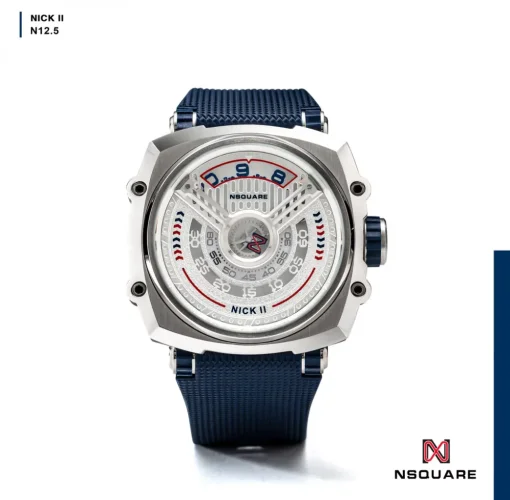 Stříbrné pánské hodinky Nsquare s gumovým páskem NSQUARE NICK II Silver / Blue 45MM Automatic