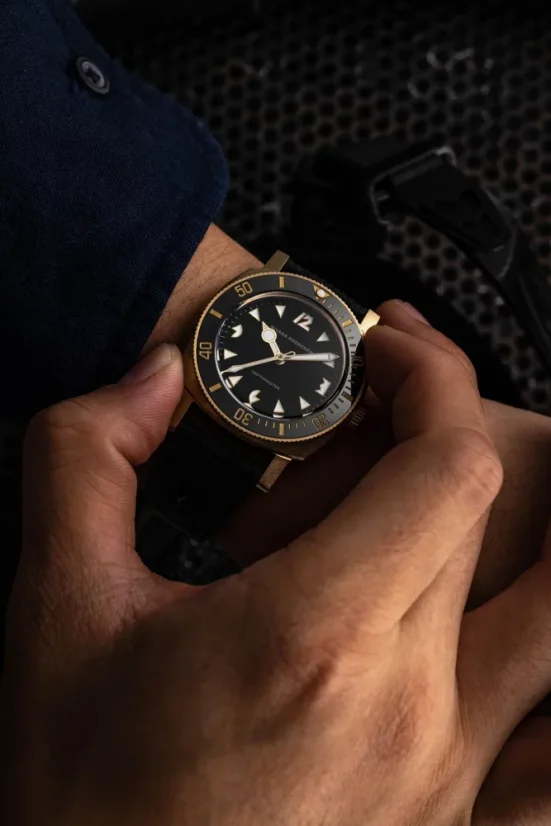 Men's gold Nivada Grenchen watch with leather strap Depthmaster Bronze 14123A16 Black Leather 39MM Automatic