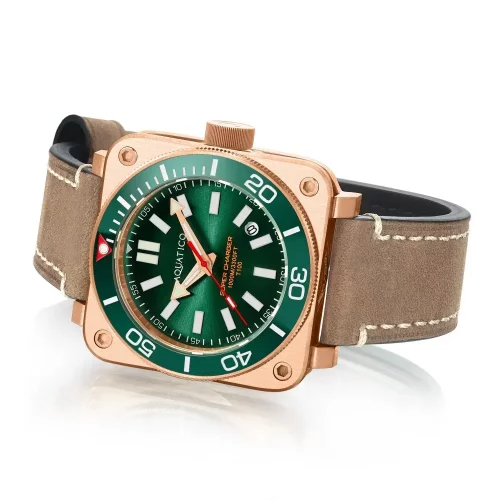 Muški zlatni sat Aquatico Watches s kožnim remenom Charger Bronze Green Dial Automatic 43MM