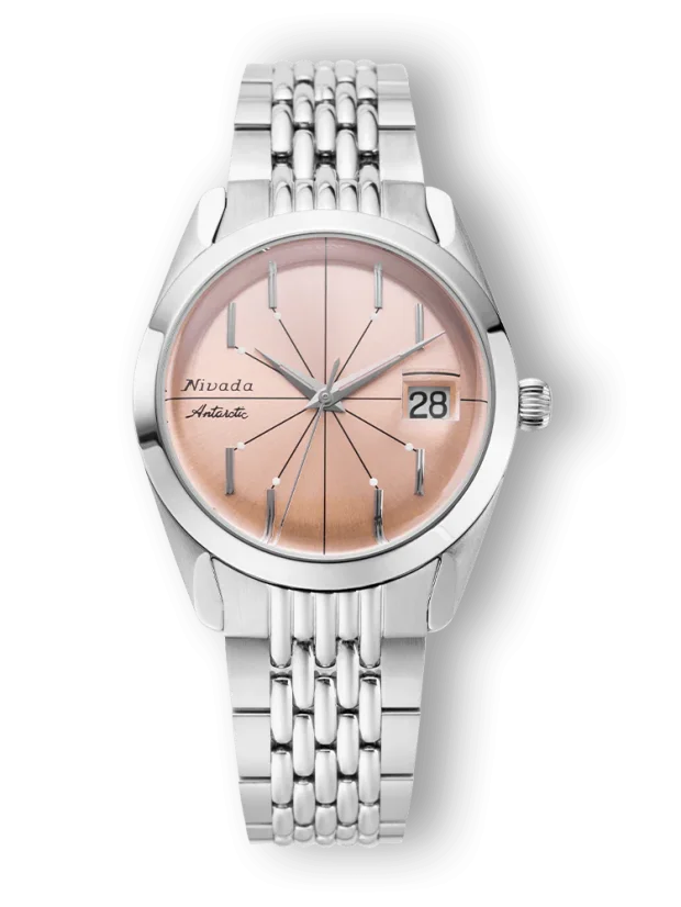 Herrenuhr aus Silber Nivada Grenchen mit Stahlband Antarctic Spider Salmon Date 32042A04 38MM Automatic