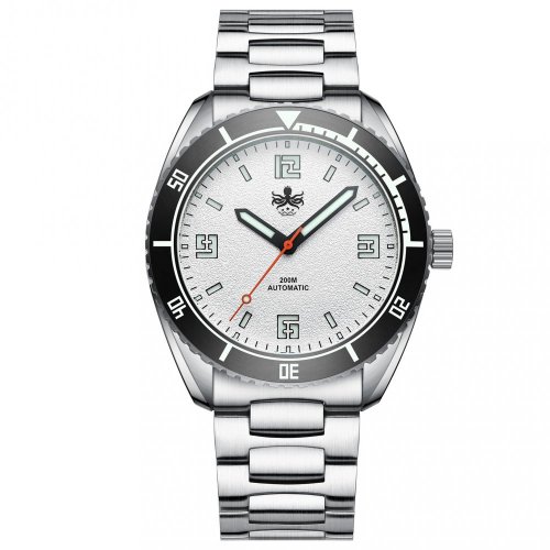 Męski srebrny zegarek Phoibos Watches ze stalowym paskiem Reef Master 200M - Silver White Automatic 42MM