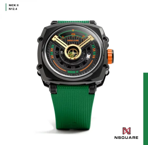 Zwart herenhorloge van Nsquare met rubberen band NSQUARE NICK II Black / Green 45MM Automatic