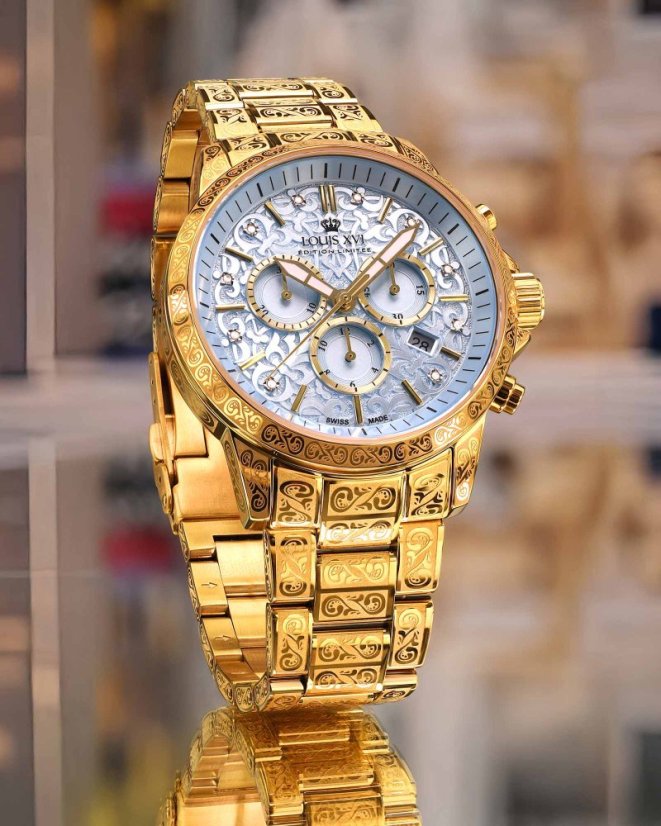 Zlaté pánské hodinky Louis XVI s ocelovým páskem Palais Royale With Diamond 1802 - Gold 43MM