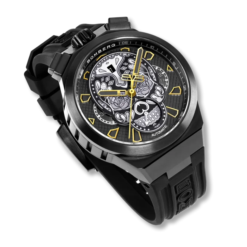 Černé pánské hodinky Bomberg s gumovým páskem CHRONO SKULL THROWBACK EDITION - ALL BLACK 44MM Automatic