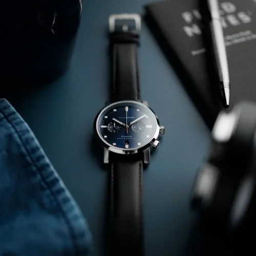 Strieborné pánske hodinky Henryarcher Watches s koženým pásikom Kvantum - Matriks Nero 41MM
