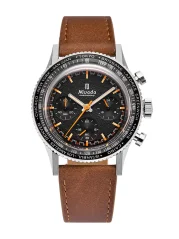 Men's silver Nivada Grenchen watch with leather strap GMT Bezel Chronoking Mecaquartz Inter. Bezel Brown Strap 87042Q16 38MM