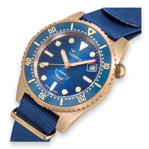 Złoty zegarek męski Squale z tekstylnym paskiem 1521 Bronze 42MM Automatic