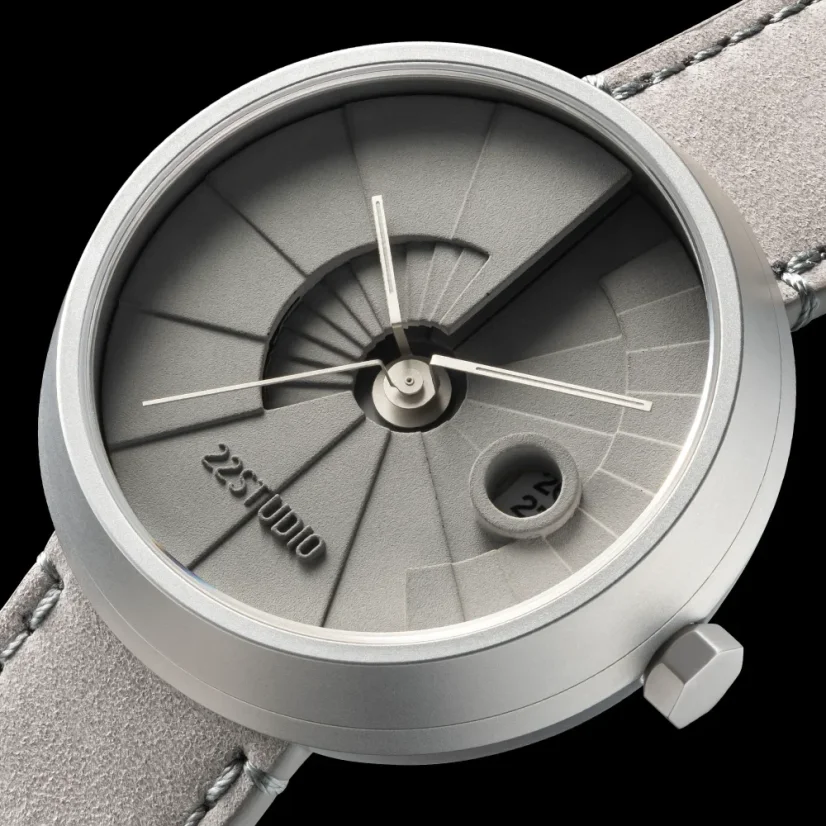 Men's silver 22Designstudio Watches watch with leather strap 4D Concrete Grey 44MM