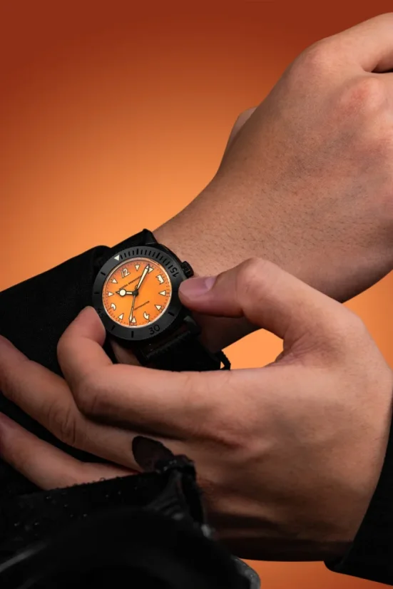 Men's black Nivada Grenchen watch with leather strap Depthmaster Black Pumpkin 14131A15 39MM Automatic