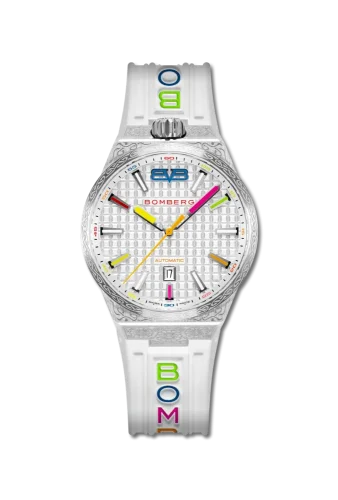 Strieborné pánske hodinky Bomberg Watches s gumovým pásikom CHROMA BLANCHE 43MM Automatic
