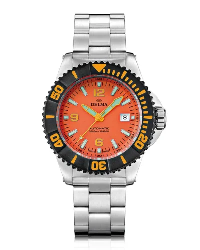 Muški srebrni sat Delma Watches s čeličnim pojasom Blue Shark IV Silver / Orange 47MM Automatic