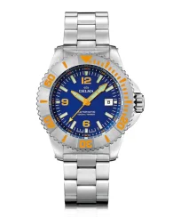 Męski srebrny zegarek Delma Watches ze stalowym paskiem Blue Shark IV Silver / Orange 47MM Automatic