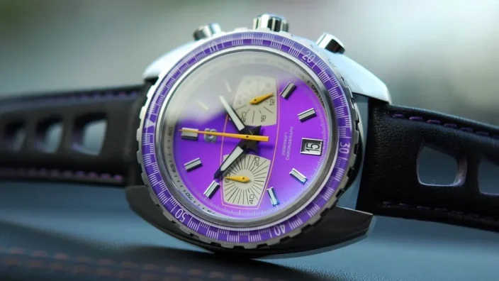 Stříbrné pánské hodinky Straton Watches s koženým páskem Syncro Purple 44MM