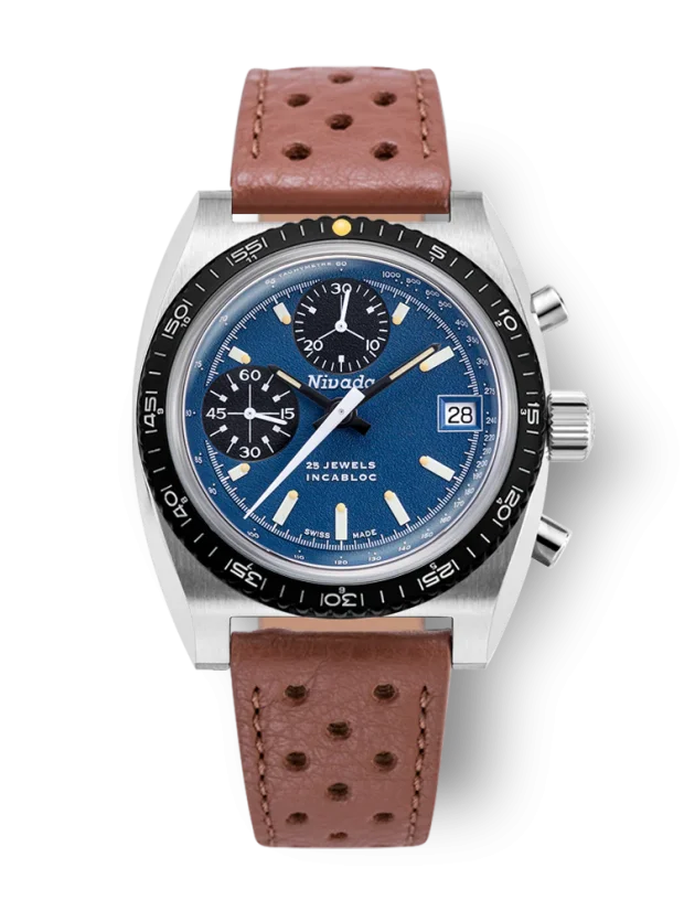 Men's silver Nivada Grenchen watch with leather strap CHRONOSPORT Blue 77003A23 38MM Automatic