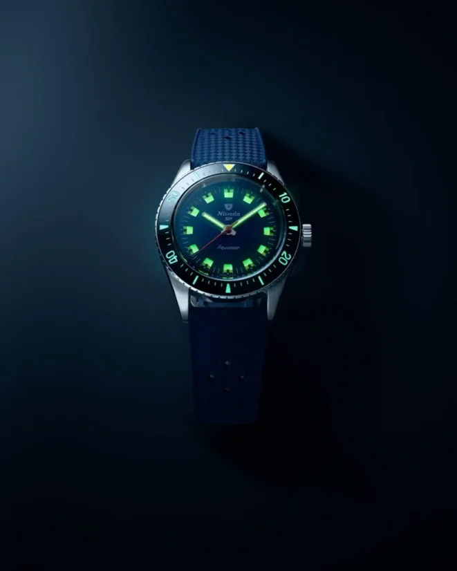 Stříbrné pánské hodinky Nivada Grenchen s koženým páskem Aquamar Blue 32074A23 38MM Automatic
