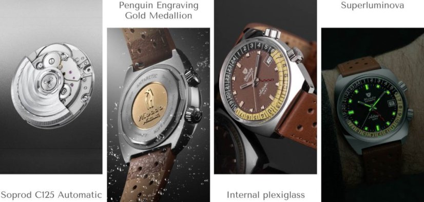 Men's silver Nivada Grenchen watch with leather strap Antarctic GMT - Tropical 32061A17 36MM Automatic