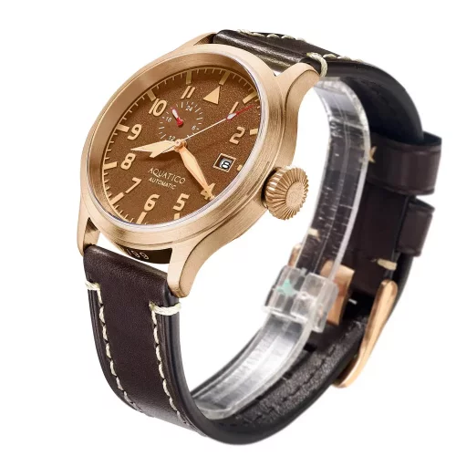 Χρυσό ρολόι Aquatico Watches για άντρες με δερμάτινη ζώνη Big Pilot Brown Automatic 43MM