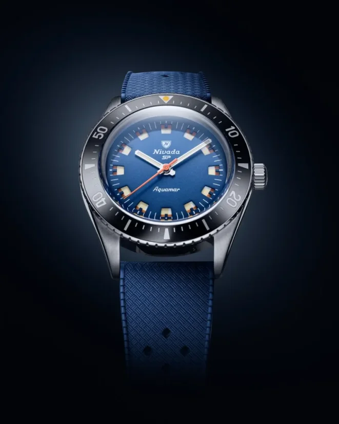 Stříbrné pánské hodinky Nivada Grenchen s koženým páskem Aquamar Blue 32074A23 38MM Automatic