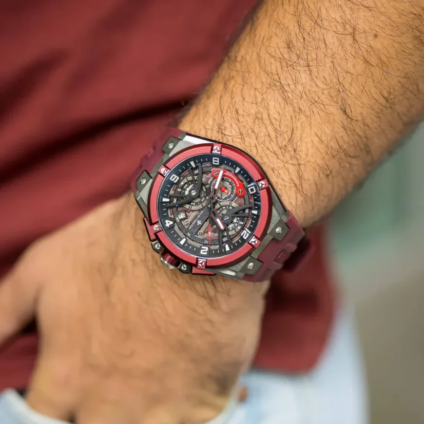 Stříbrné pánské hodinky Ralph Christian s gumovým páskem The Apex Chrono - Crimson Steel 46MM