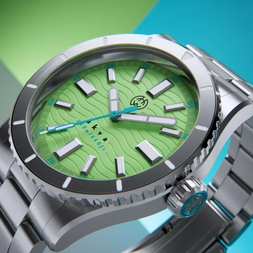 Męski srebrny zegarek Henryarcher Watches ze stalowym paskiem Akva - Coral Green 40MM Automatic