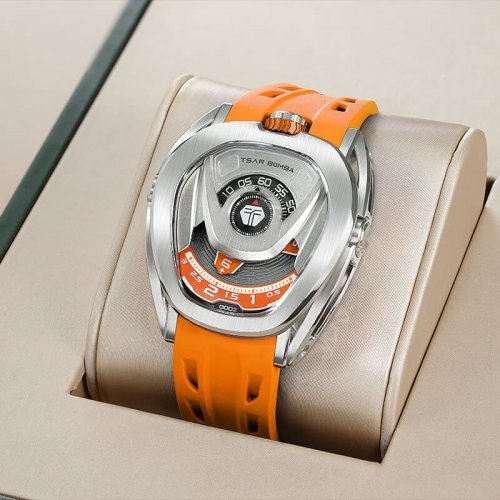 Montre homme Tsar Bomba Watch couleur argent avec élastique TB8213 - Silver / Orange Automatic 44MM