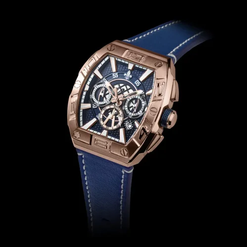 Złoty męski zegarek Ralph Christian ze skórzanym paskiem The Intrepid Chrono - Rose Gold / Blue 42,5MM