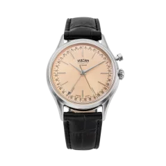 Srebrni muški sat Vulcain s kožnim remenom Cricket President Pale Salmon Steel Case Back - BLACK CALF SKIN LEATHER ALLIGATOR-PRINTED 38MM Automatic