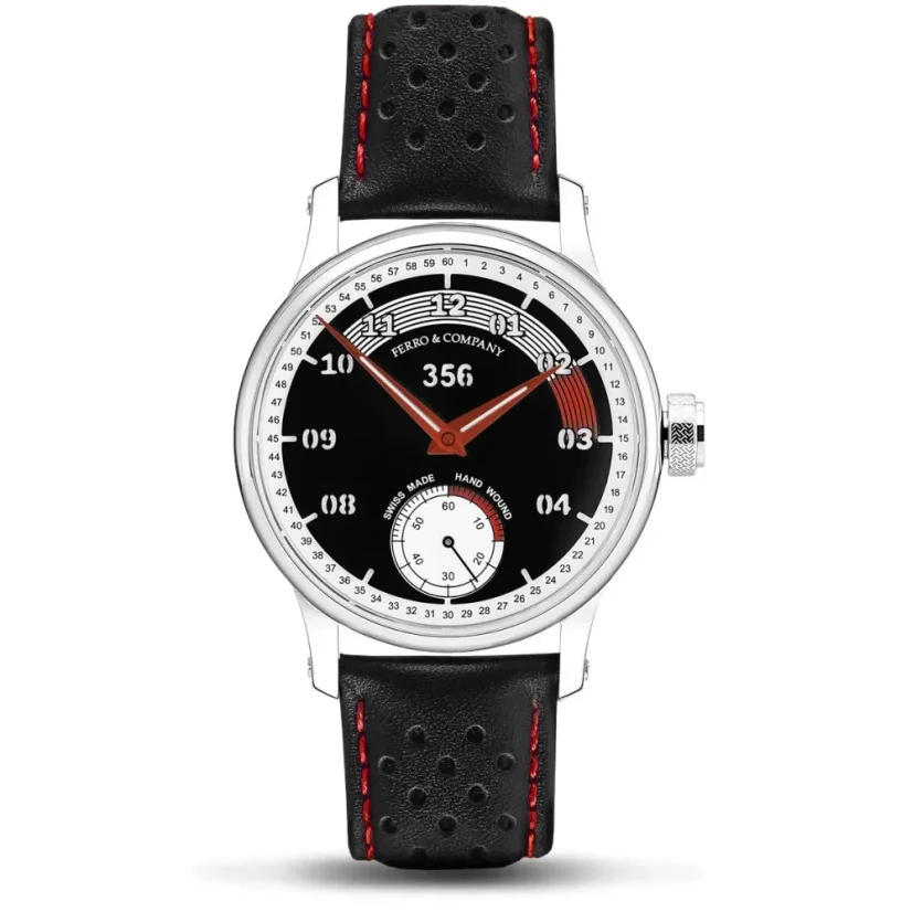 Men's silver Ferro & Company with leather strap 356 Black / Red 43MM