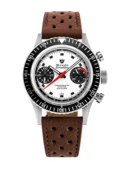 Men's silver Nivada Grenchen watch with leather strap Closed Caseback Chronomaster Paul Newman Inter.Bezel 86054M23LC 38MM