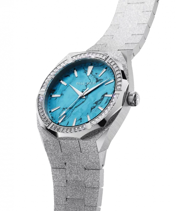 Montre Paul Rich pour homme en argent avec bracelet en acier Frosted Star Dust Azure Dream - Silver 45MM