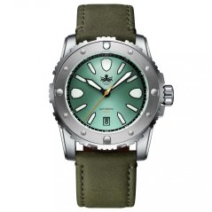 Montre Phoibos Watches pour homme en couleur argent avec bracelet en cuir Great Wall 300M - Green Automatic 42MM Limited Edition
