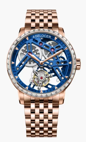 Zlaté pánské hodinky Agelocer s ocelovým páskem Tourbillon Series Gold / Blue Ruby 40MM
