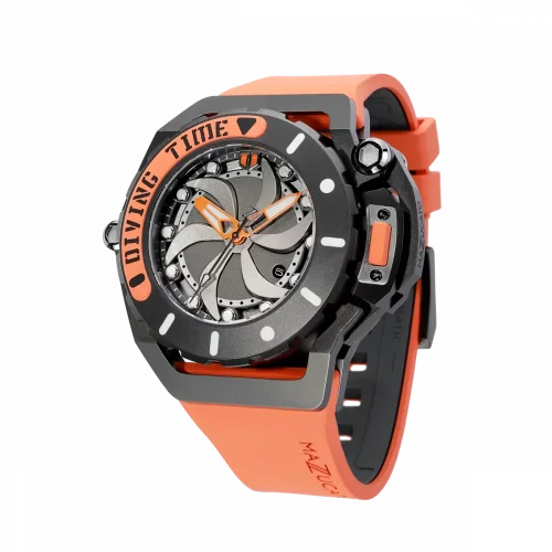 Čierne pánske hodinky Mazzucato s gumovým pásikom RIM Scuba Black / Orange - 48MM Automatic