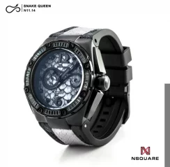 Čierne pánske hodinky Nsquare s koženým opaskom SnakeQueen White / Black 46MM Automatic