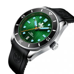 Schwarze Herrenuhr Phoibos Watches mit Gummiband Wave Master PY010AR - Green Automatic 42MM