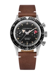 Men's silver Nivada Grenchen watch with leather strap Closed Caseback Chronomaster Broad Arrow Inter.Bezel 86056M14LC 38MM